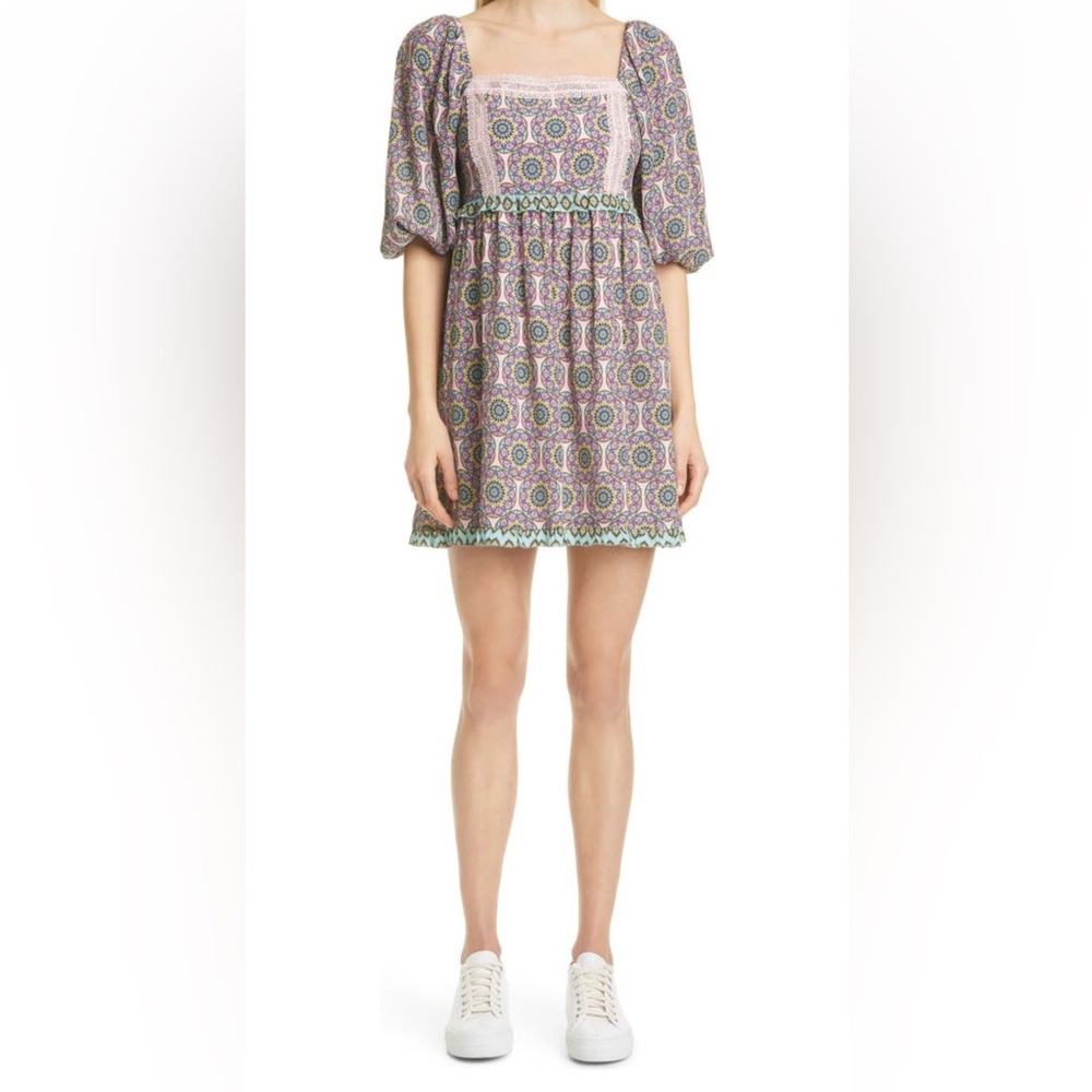 Nicole Miller Glassflower Square Neck Silk Blend Mini Dress